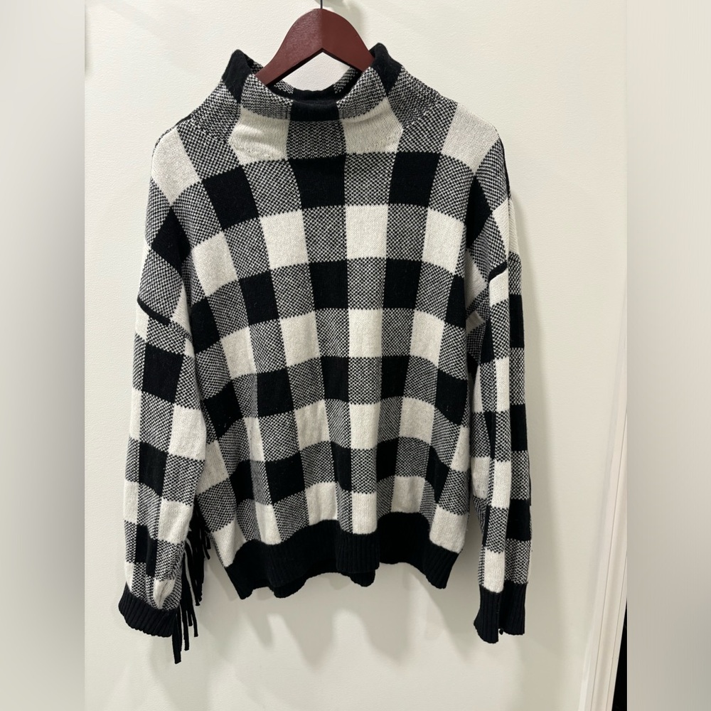Ralph Lauren Black and White Checkered Fringe Women Sweater size XL